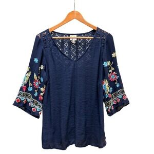 Anthropologie Fig & Flower Blouse Bell Sleeve Blue Embroidered Boho Peasant 1X